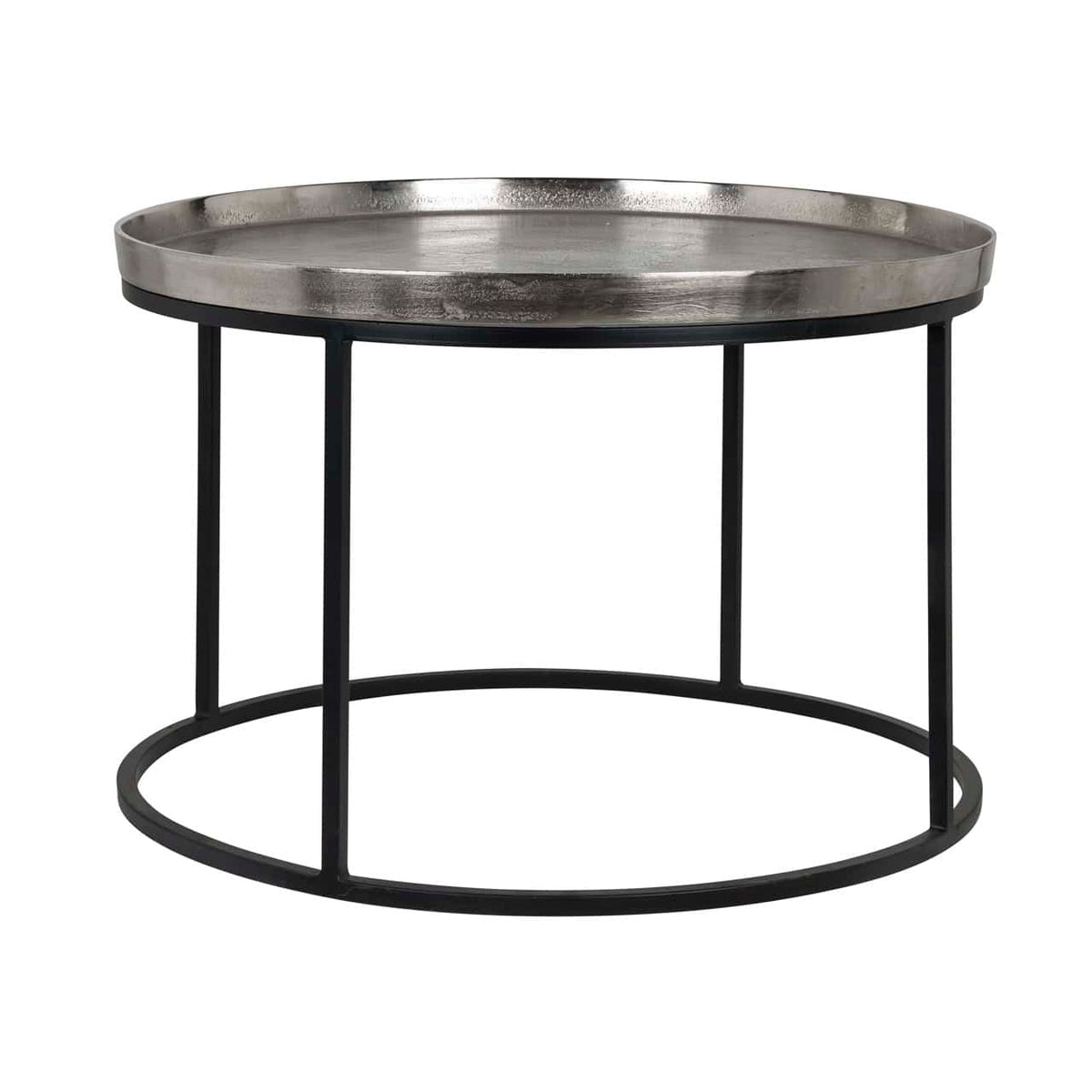 Moderne zilveren salontafel met zwart metalen frame.