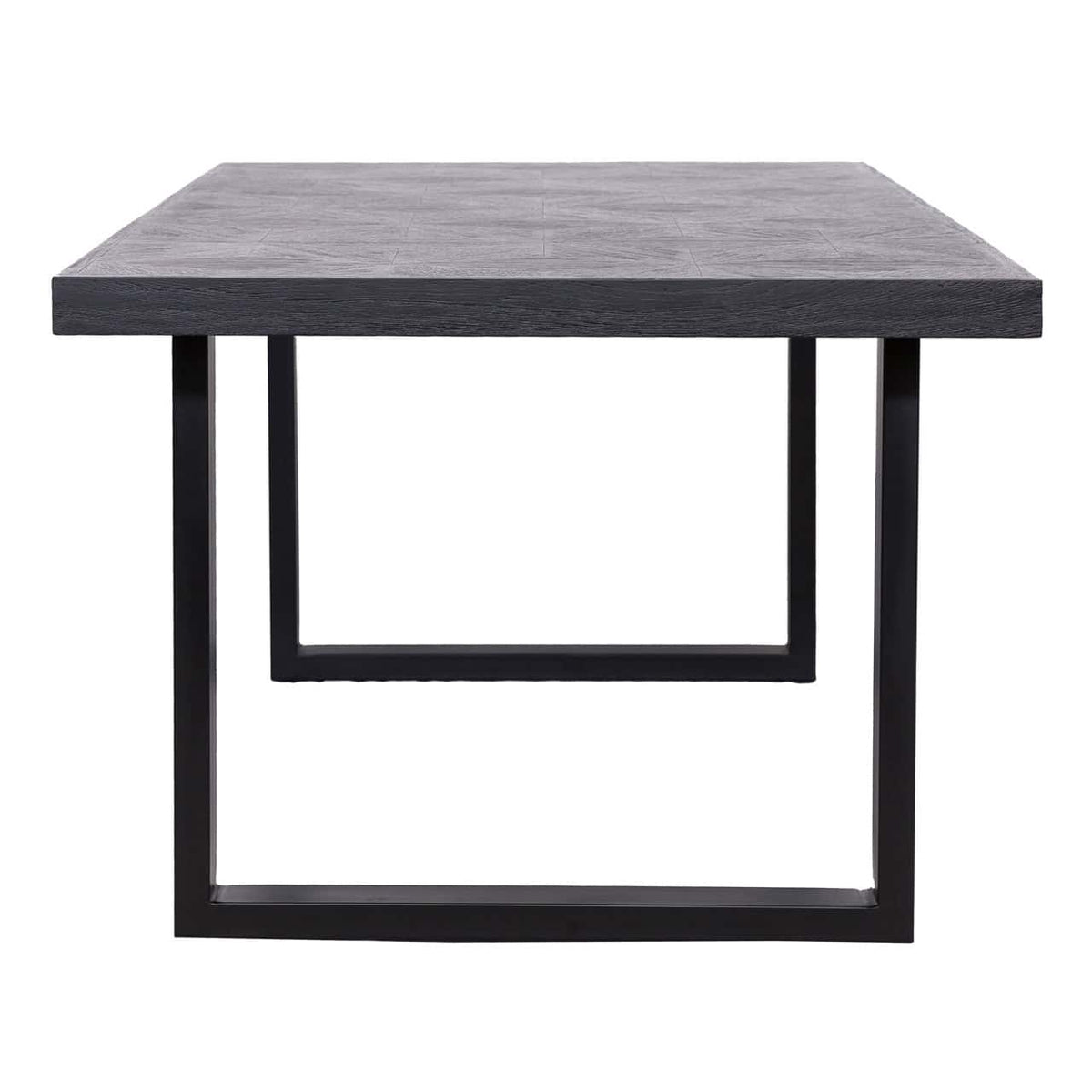 Moderne eettafel Blax zwart met houten blad en metalen frame.