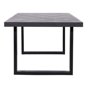 Moderne eettafel Blax zwart met houten blad en metalen frame.