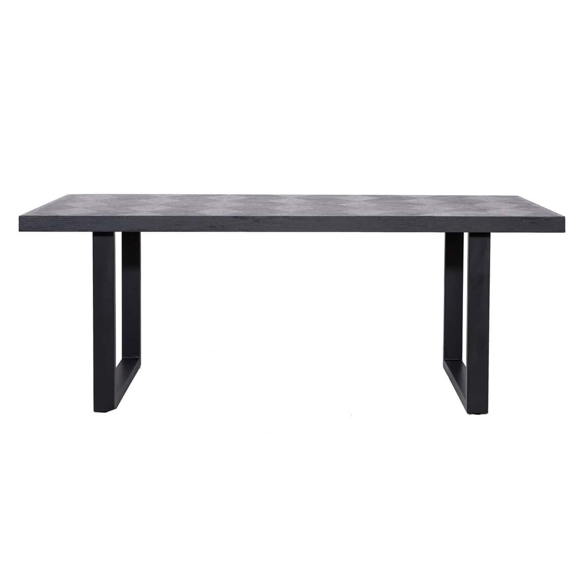 Moderne zwarte eettafel met strakke lijnen en houten blad.