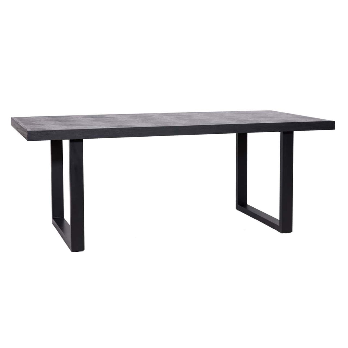 Moderne eettafel Blax met zwart metalen onderstel en houten blad.
