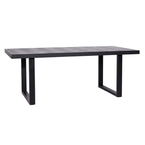 Moderne eettafel Blax met zwart metalen onderstel en houten blad.