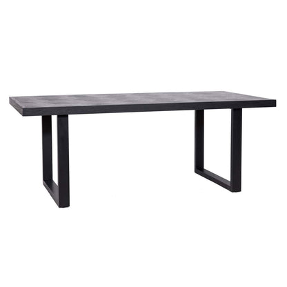 Moderne eettafel Blax met zwart metalen onderstel en houten blad.