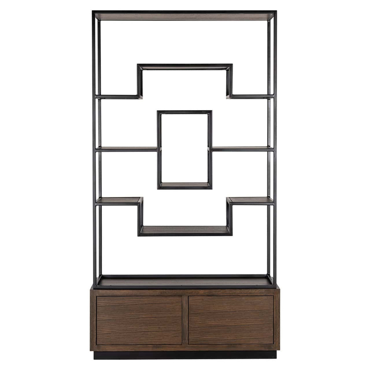 Moderne wandkast Bonvoy met houten onderkast en metalen frame.