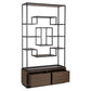 Moderne wandkast Bonvoy met open metalen vakken en houten laden.