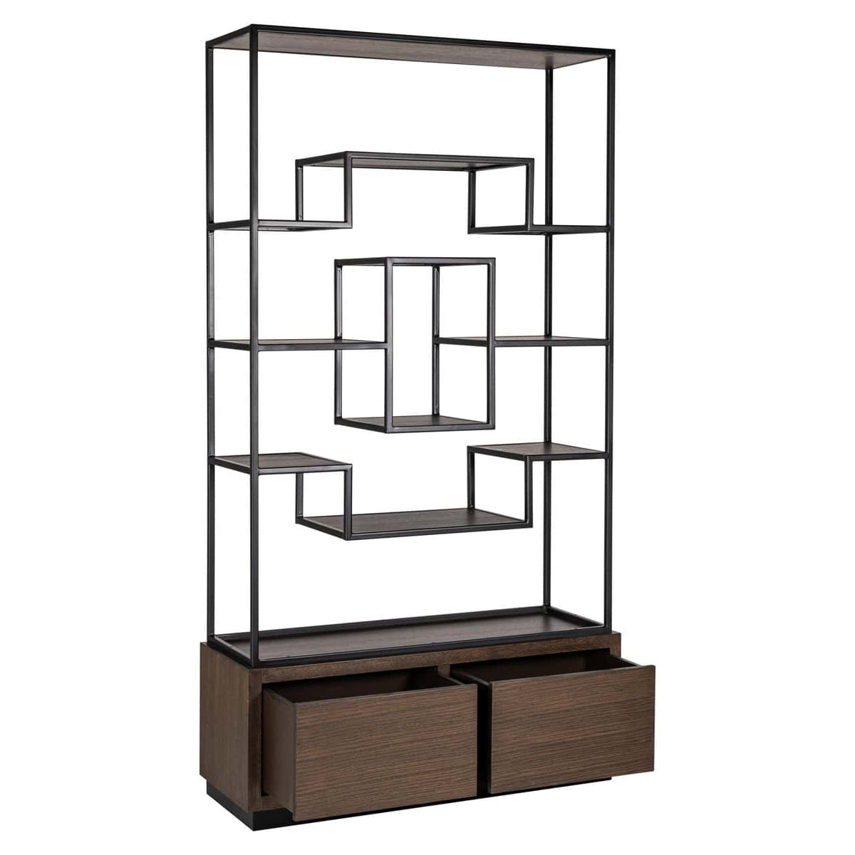 Moderne wandkast Bonvoy met open metalen vakken en houten laden.