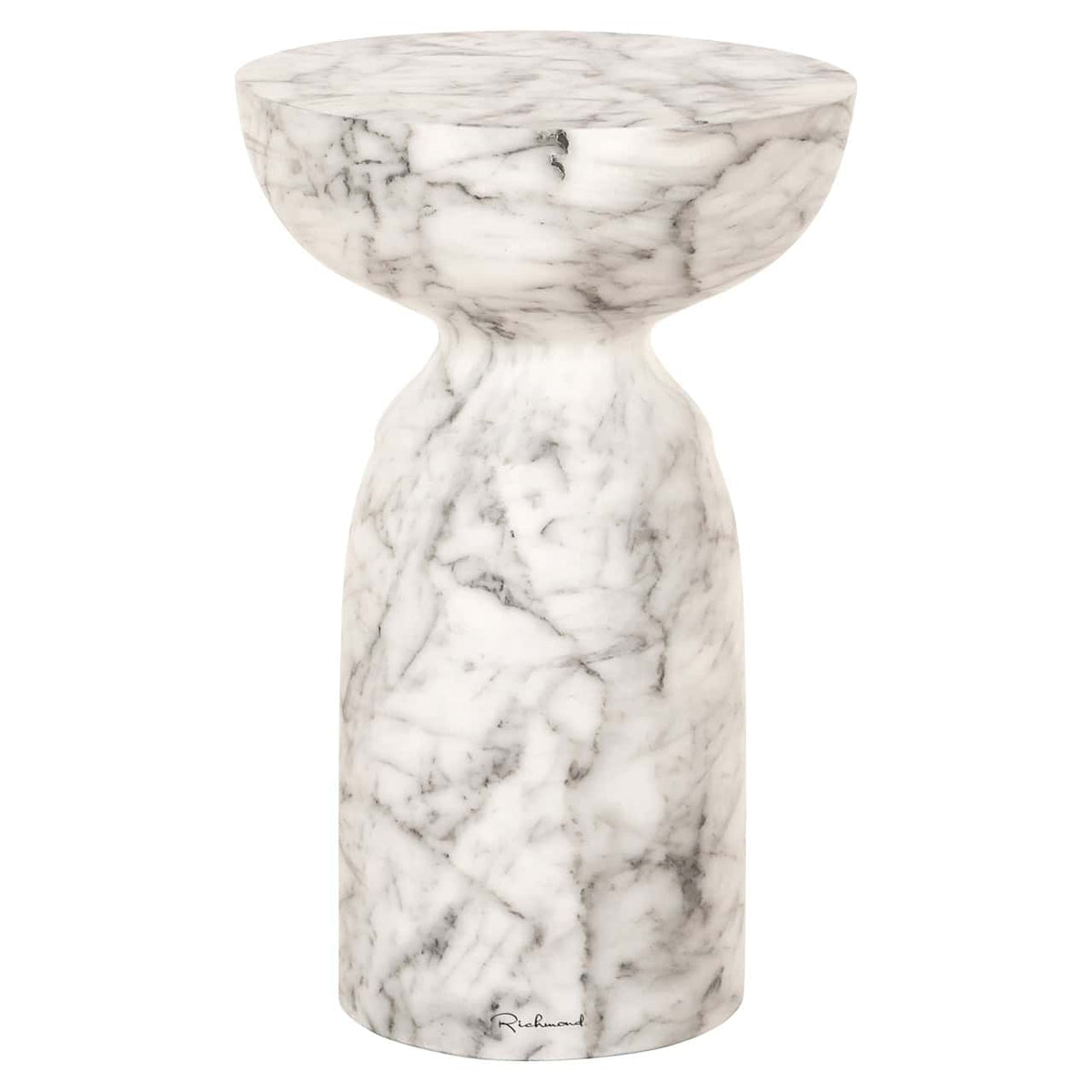 Marmeren bijzettafel Kita in wit met grijze aders, elegant en modern design.