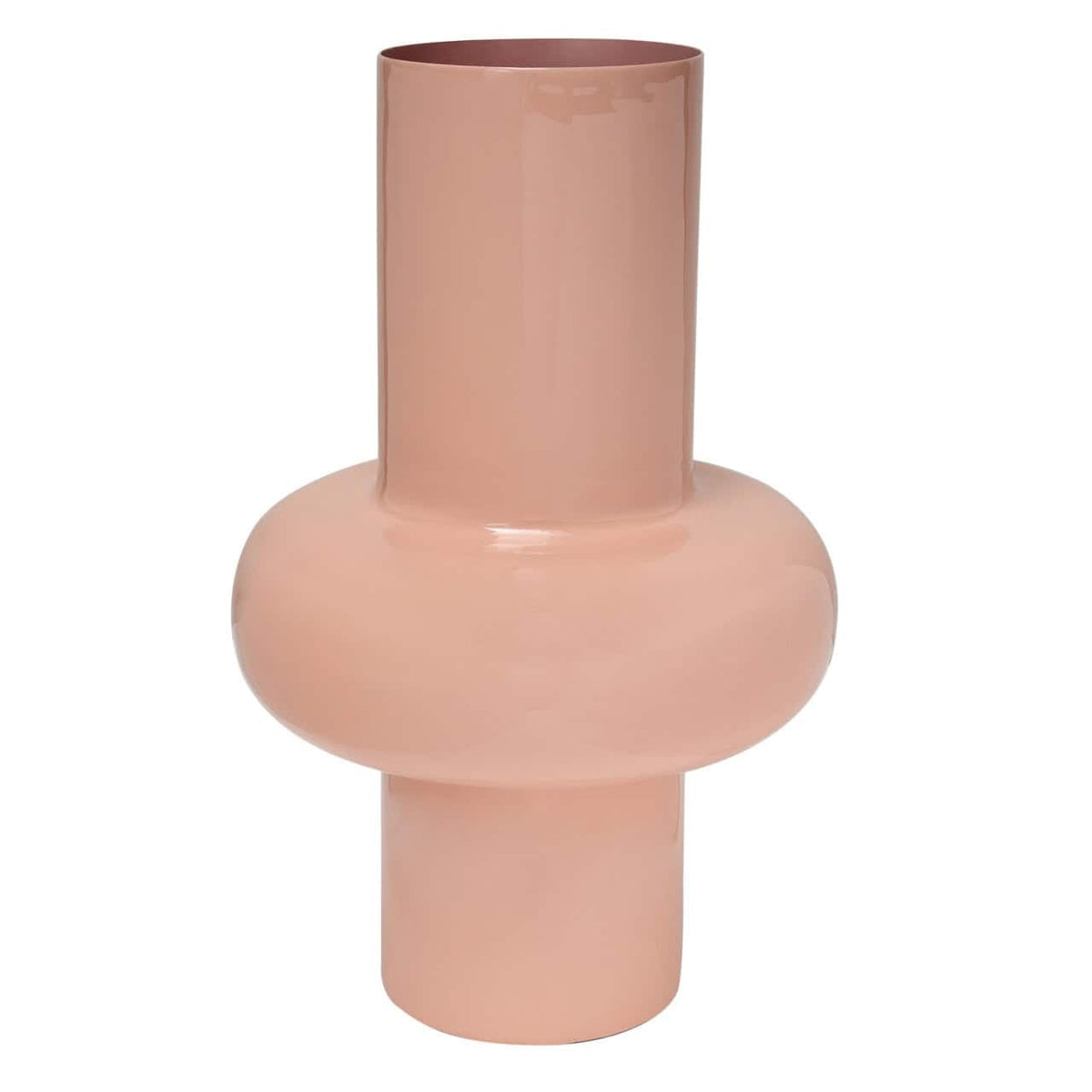 Moderne roze vaas van keramiek met ronde vormen en hoge cilindrische opening.