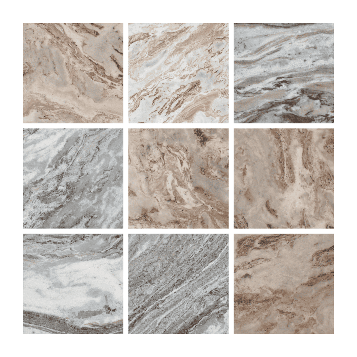 Marmerlook tegels in diverse kleuren voor luxe interieurdesign.