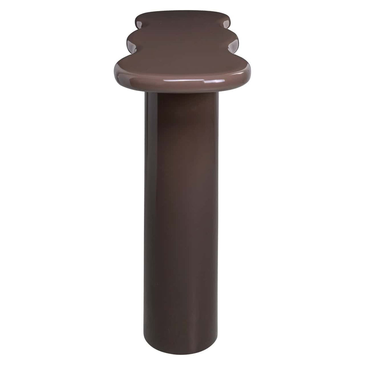 Chocoladebruine Console Cordelia Chestnut stoel met uniek ontwerp.