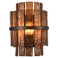 Lumy bruine wandlamp met rustieke stenen uitstraling en zwart metalen band.