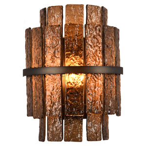 Lumy bruine wandlamp met rustieke stenen uitstraling en zwart metalen band.