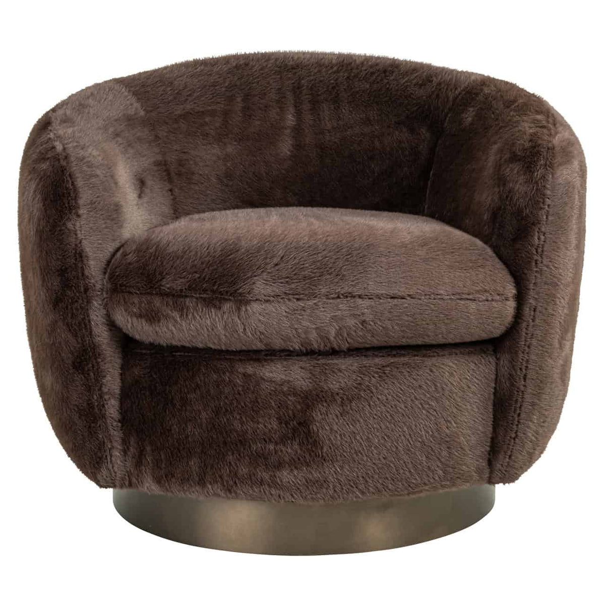 Luxe ronde lounge stoel in chocoladebruin fluweel met draaibaar onderstel.