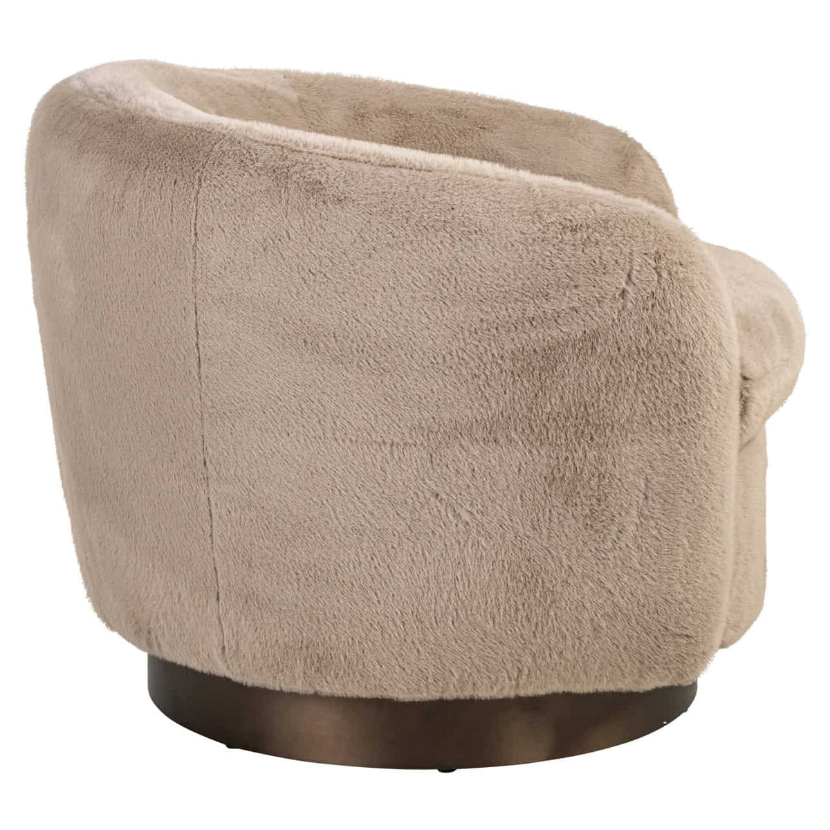 Lounge stoel Colmar in khaki fluffy stof, draaibaar en comfortabel.