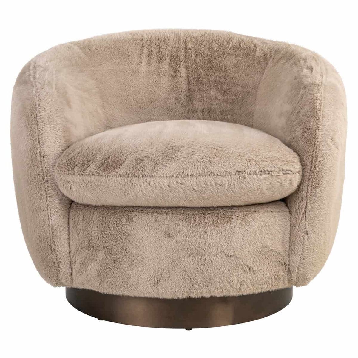 Lounge stoel Colmar in khaki fluffy stof, draaibaar en comfortabel.