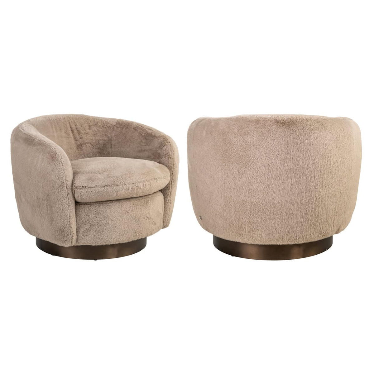 Lounge stoel Colmar in khaki fluffy stof, draaibaar en comfortabel.