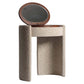 Kaptafel met ronde spiegel en beige bekleding, elegant en functioneel.