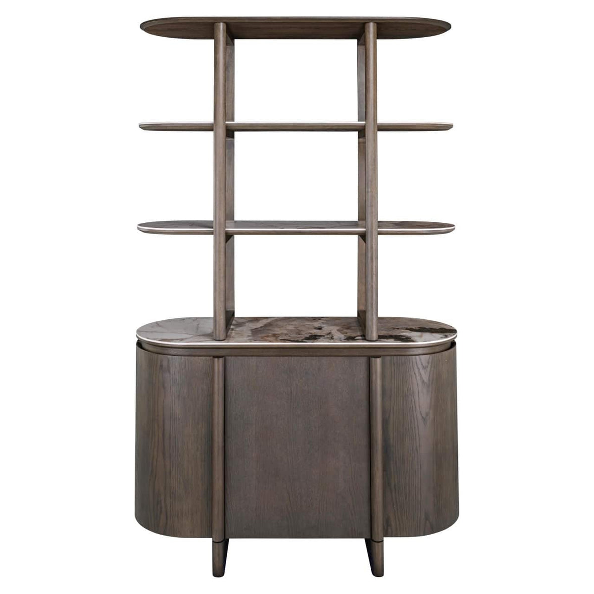 Elegant houten wandkast Langford in bruin met open planken en gesloten opbergruimte.