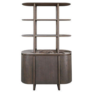 Elegant houten wandkast Langford in bruin met open planken en gesloten opbergruimte.