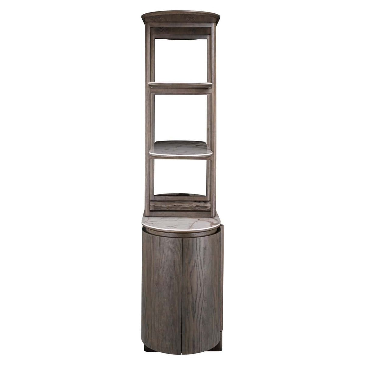 Elegante houten wandkast in bruin met open planken en gesloten onderkast.