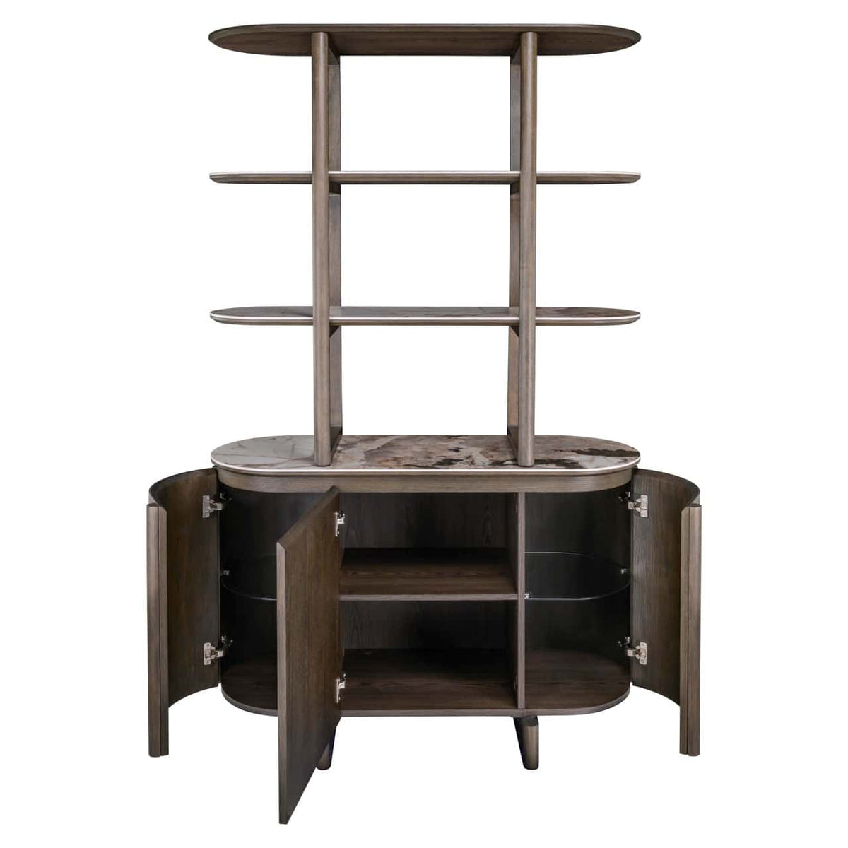 Moderne houten wandkast Langford in bruin met open en gesloten opbergruimte.
