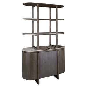Elegante houten wandkast met open planken en gesloten opbergruimte.
