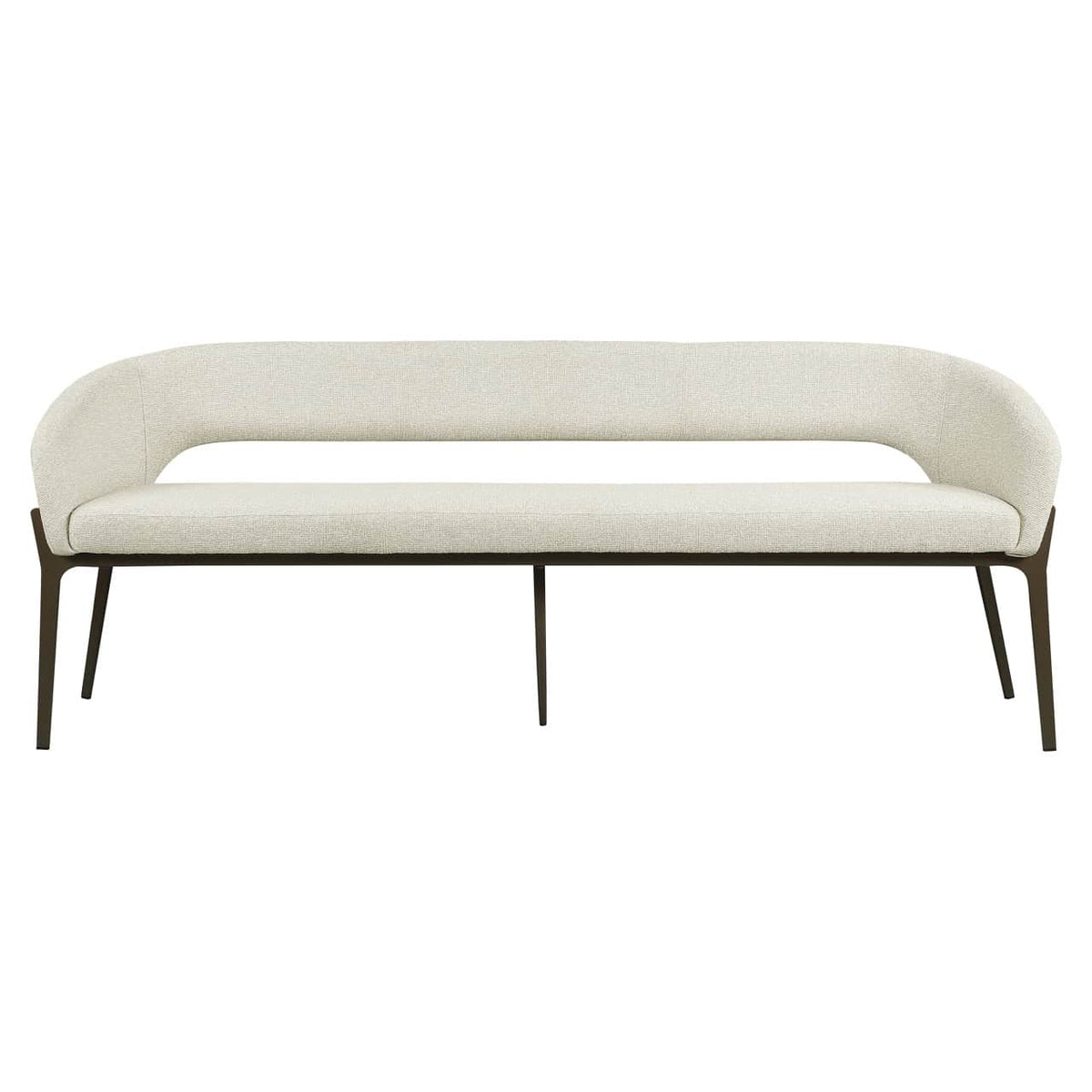 Eetkamerbank Kenzi biscotti met zwart metalen frame en beige bekleding.