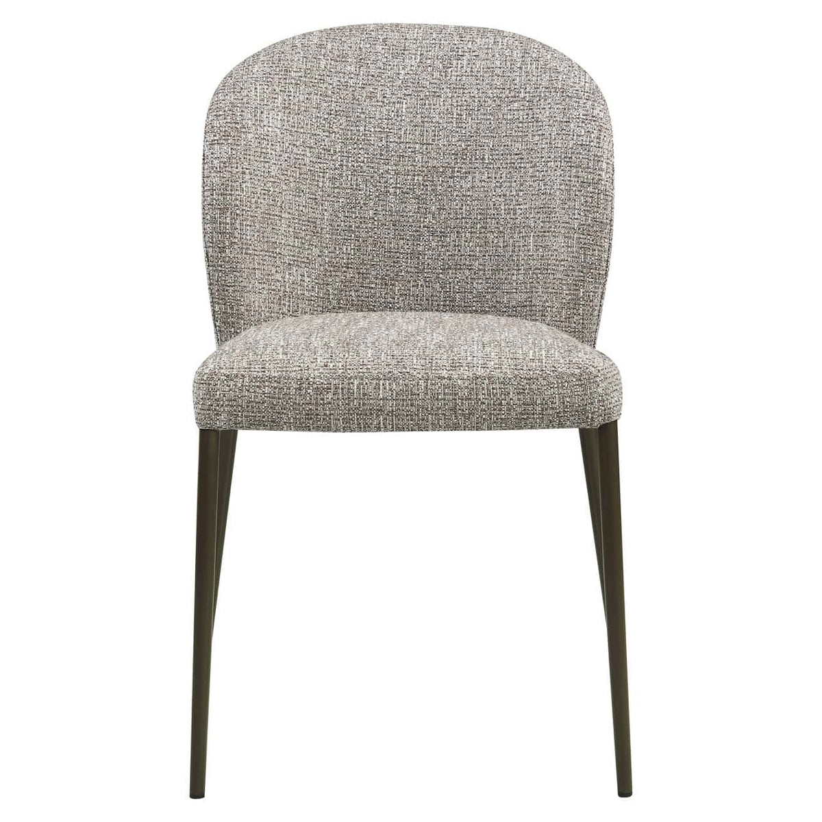 Moderne eetkamerstoel met earth tweed bekleding en houten poten.
