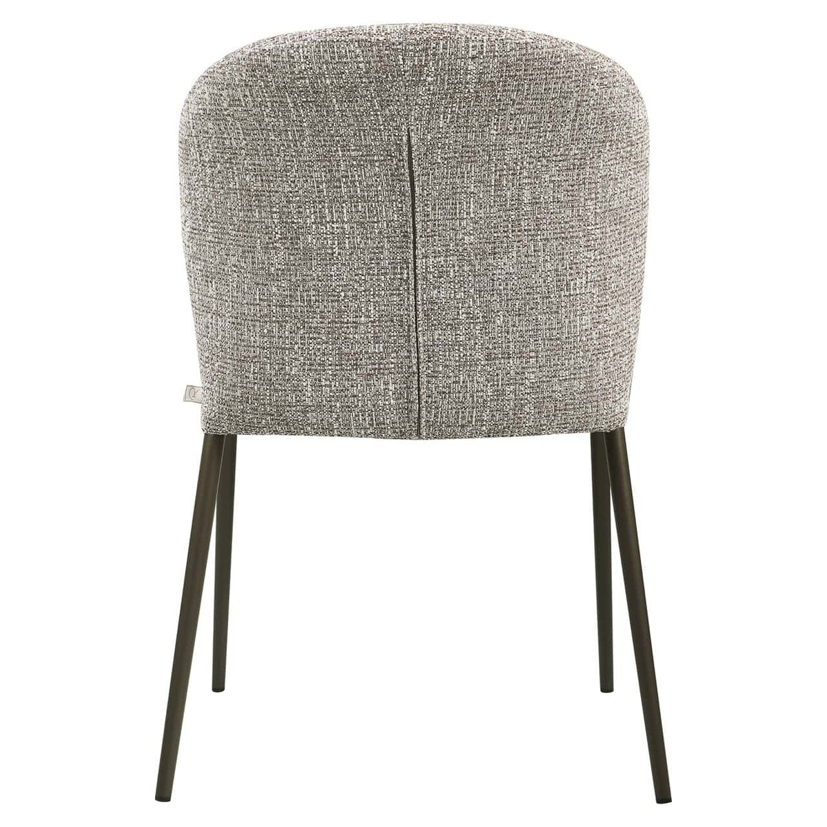 Moderne eetkamerstoel met earth tweed bekleding en zwarte poten.