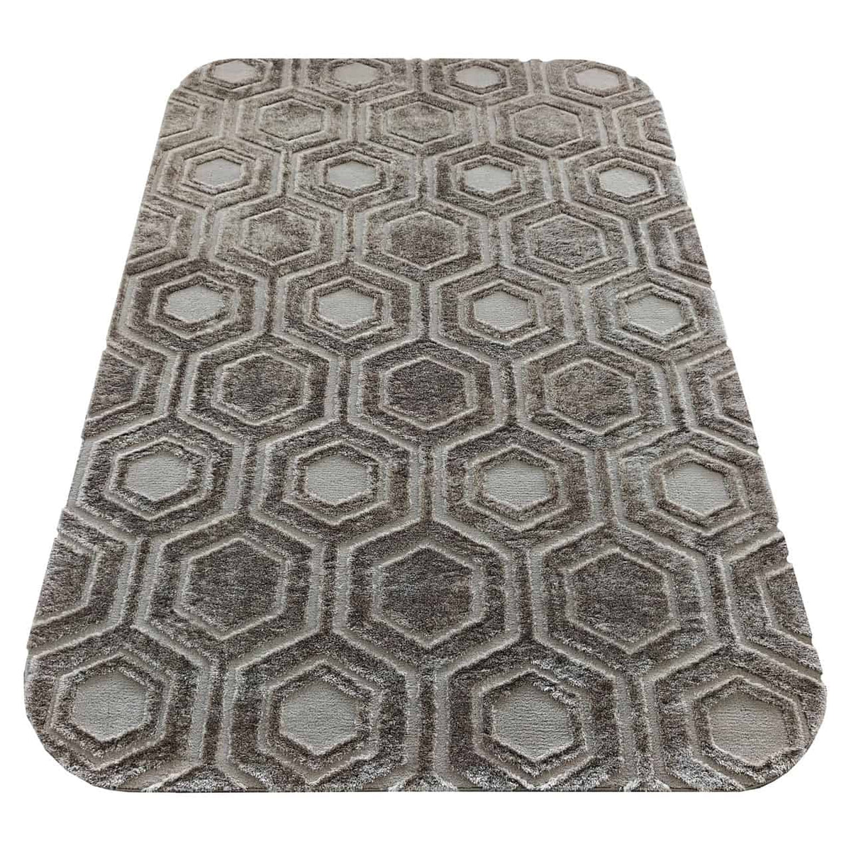 Bruin vloerkleed met geometrisch hexagon patroon, 200x290 cm.