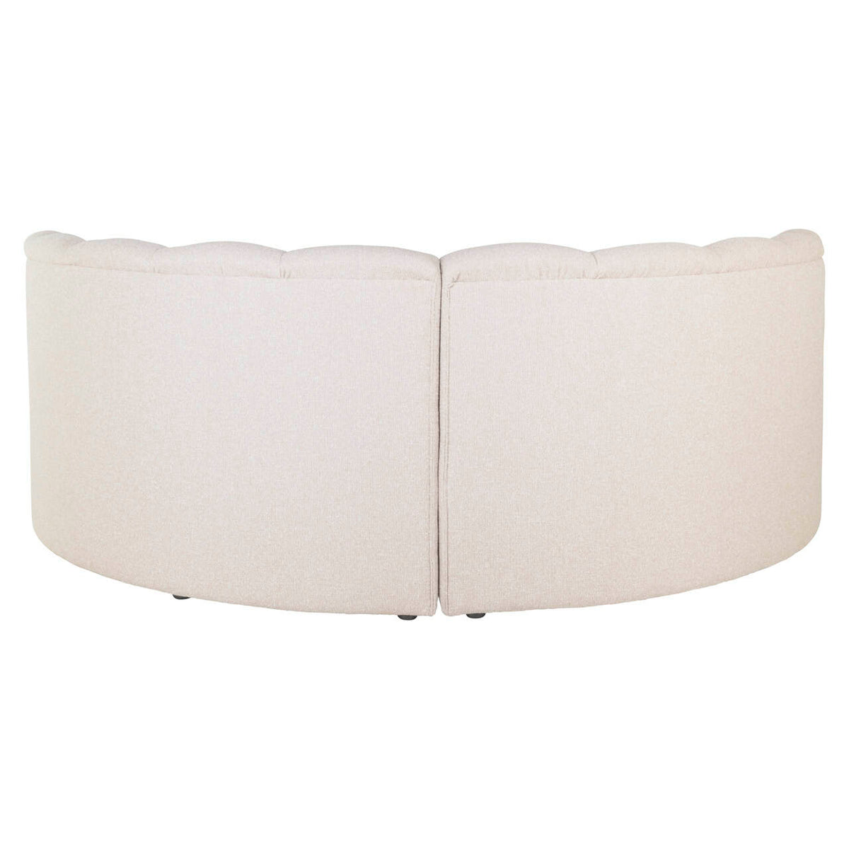 Ronde, volledig gestoffeerde eetkamerbank in beige kleur.