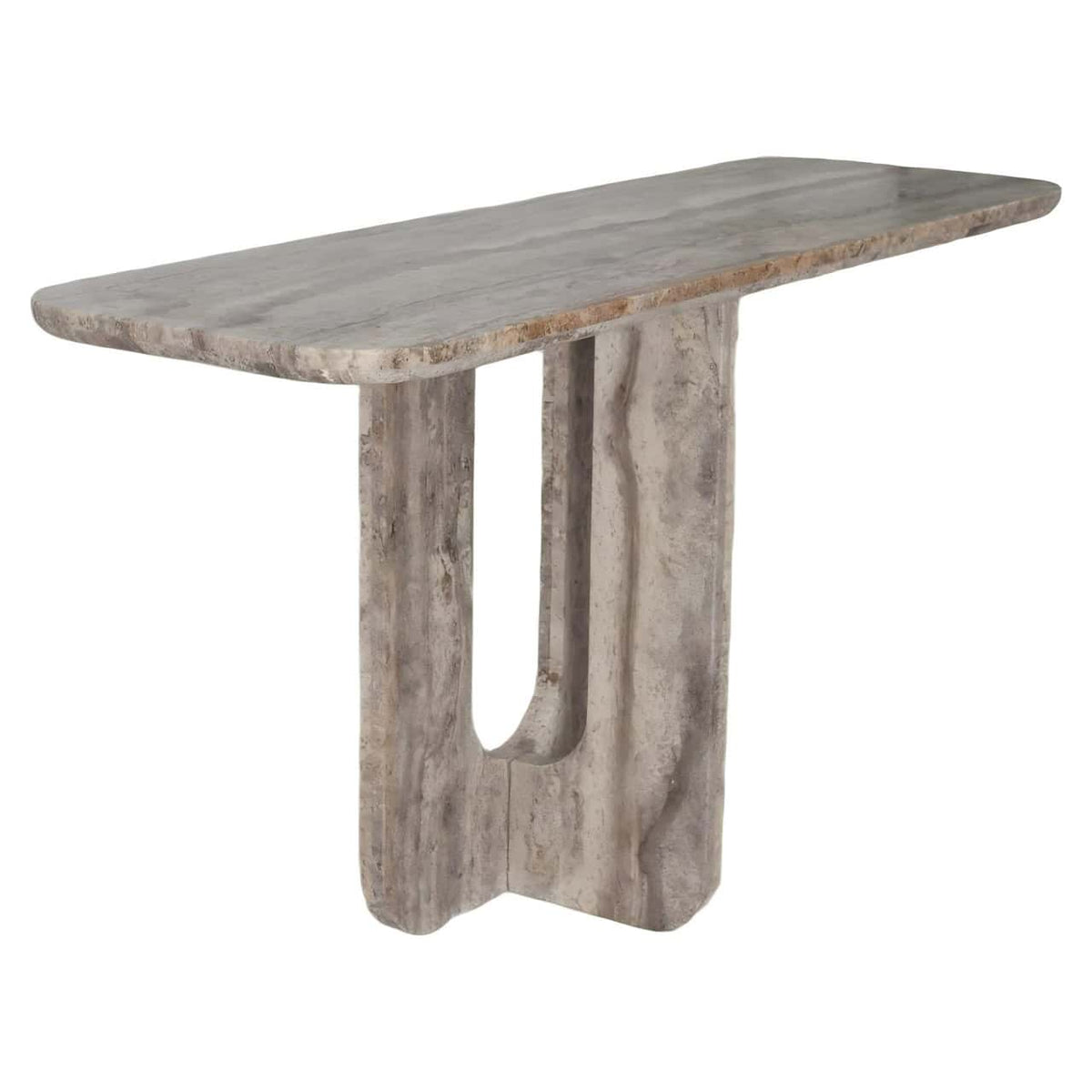 Robuuste grijze console tafel van beton met uniek ontwerp.