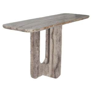 Robuuste grijze console tafel van beton met uniek ontwerp.