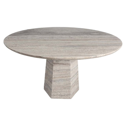 Moderne grijze eettafel Westin met ronde top en centrale voet.