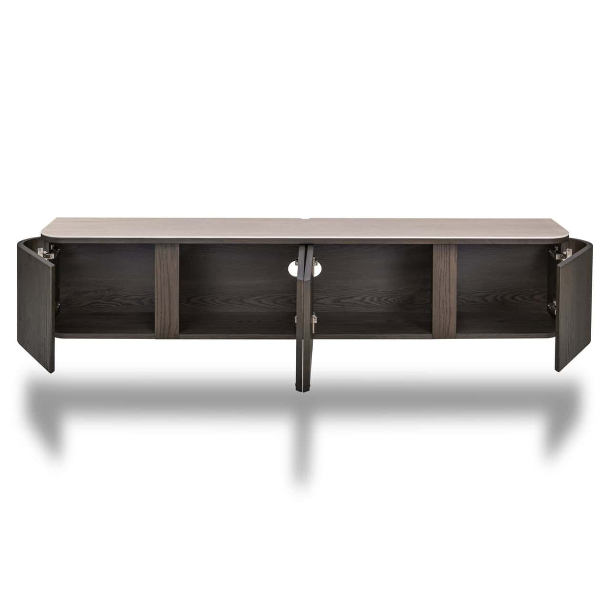 Modern TV-meubel Nando in bruin hout met opbergruimte.