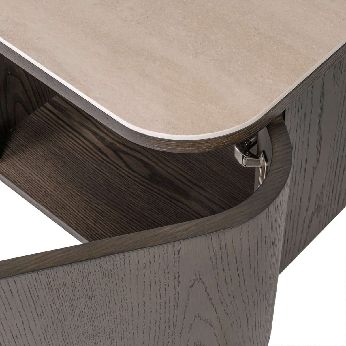 Modern TV-meubel Nando in donker hout met beige bovenblad.