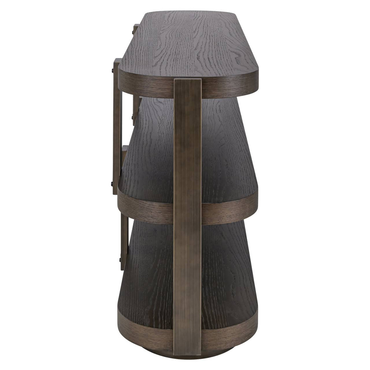 Elegante houten console met drie planken in bruin afwerking.