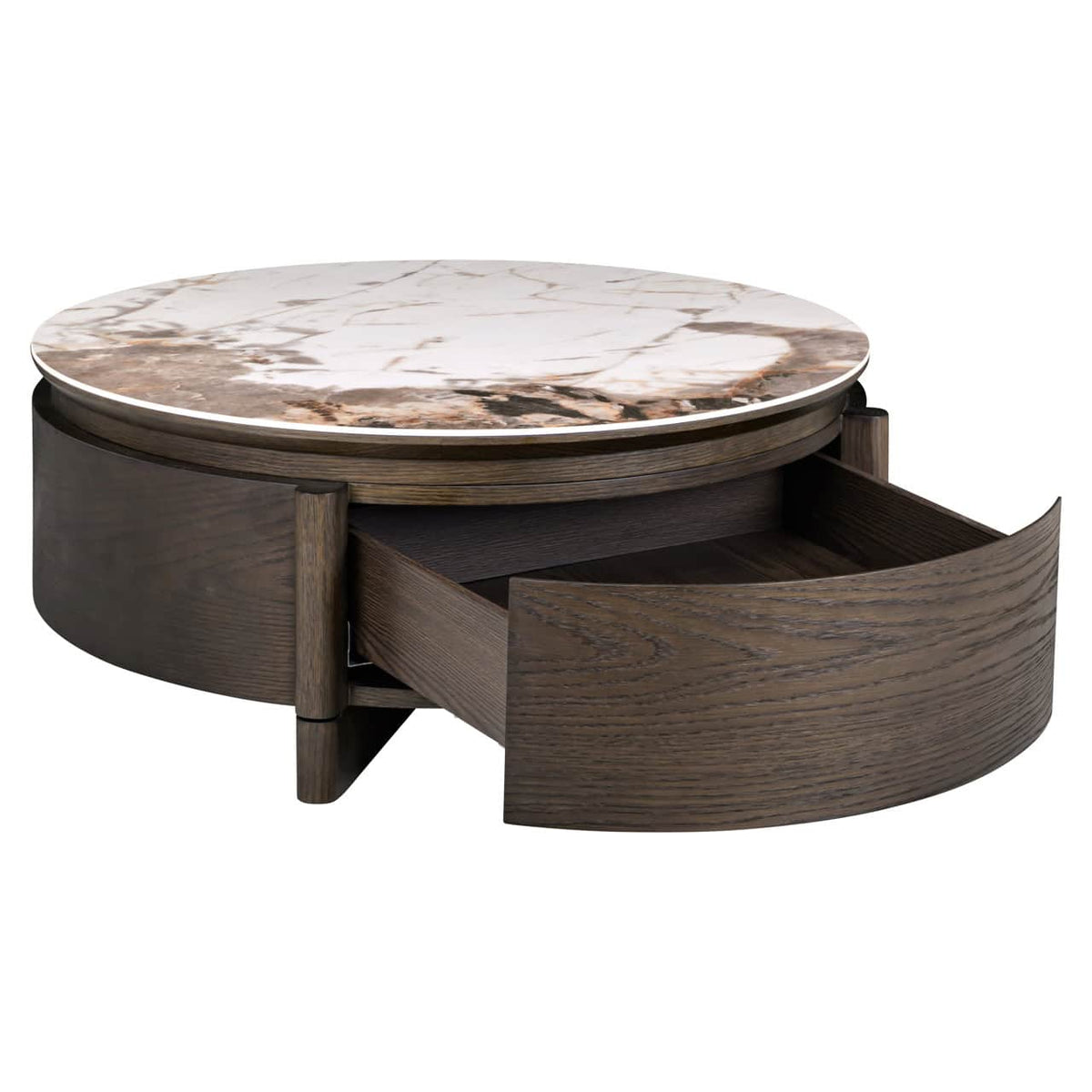 Ronde salontafel met marmeren blad en lade, donker houtafwerking.