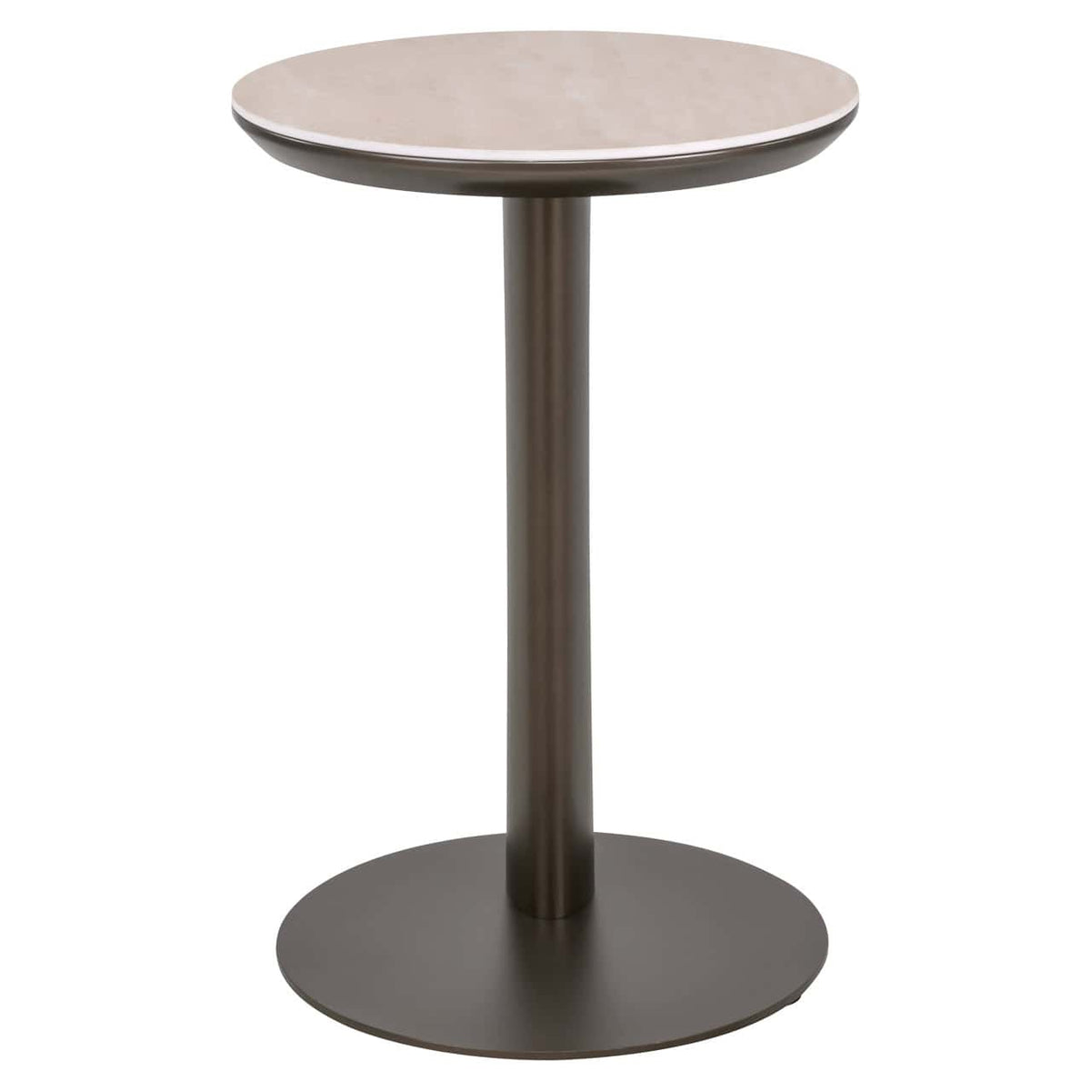 Moderne ronde bijzettafel met marmeren blad en metalen onderstel.