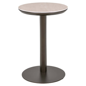 Moderne ronde bijzettafel met marmeren blad en metalen onderstel.