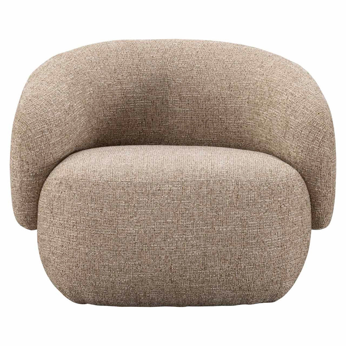 Milano lounge stoel in zandkleurige tweed stof, modern en comfortabel design.