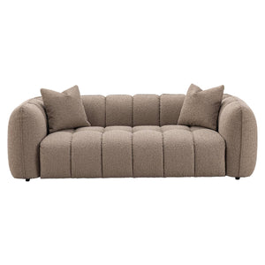 Mocca chunky 3-zitsbank met bijpassende kussens, modern en comfortabel.