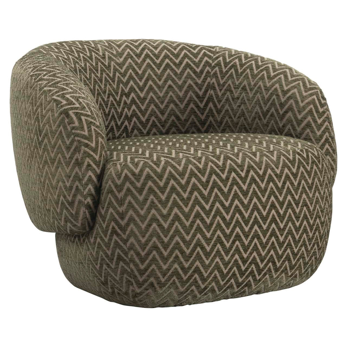 Comfortabele lounge stoel Milano met moss chevron patroon voor moderne interieurs.