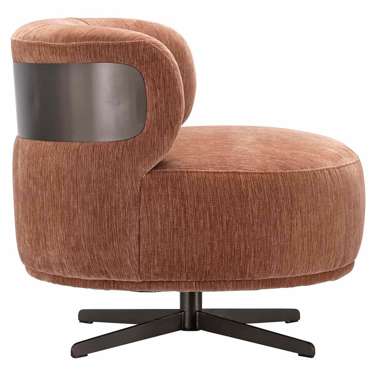 Moderne lounge stoel Lauren in mocha mousse met draaibaar ontwerp en zwart onderstel.