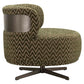 Moderne lounge stoel met mossgroene chevron stof en draaibaar ontwerp.