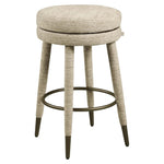 Moderne kruk met zachte stoffen bekleding en metalen ringvoet.