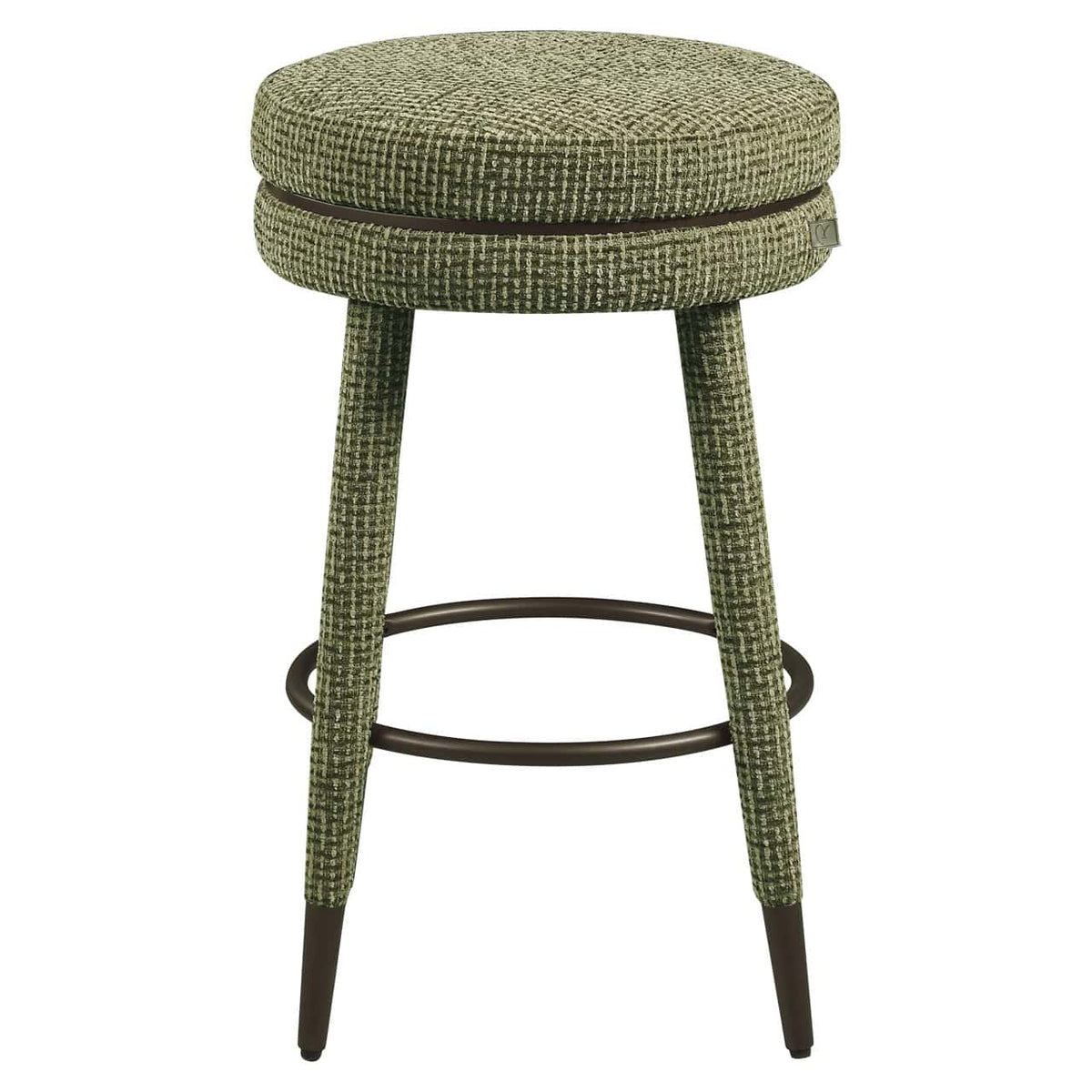 Groene swivelstoel met ronde zitting en houten poten.