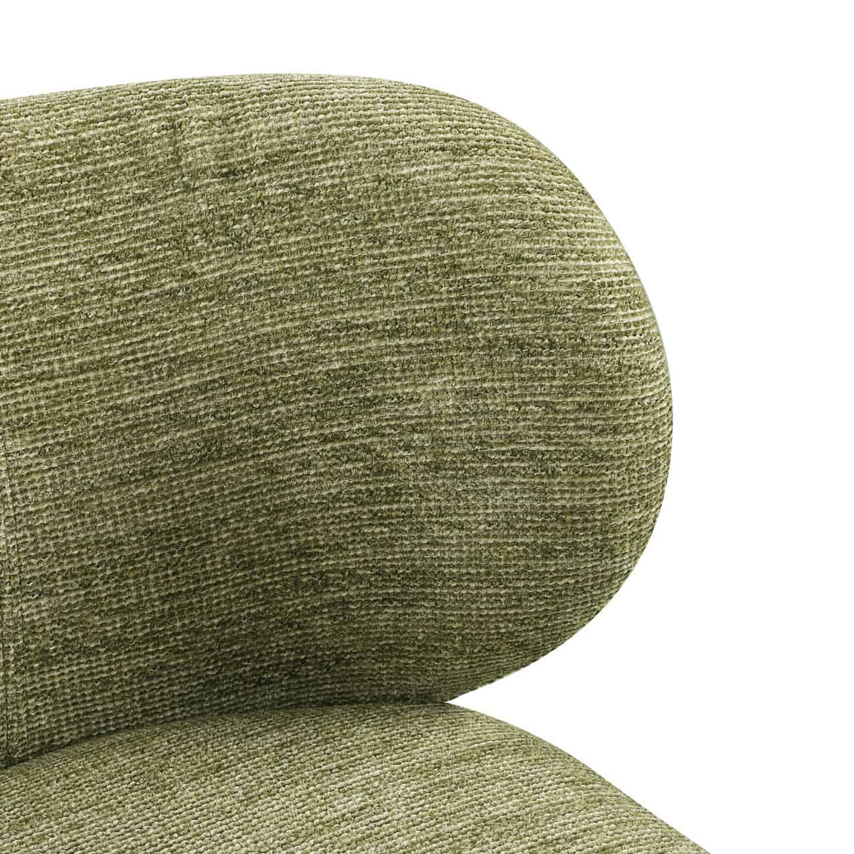 Close-up van de pistache softweave stof op de Amely eetkamerstoel.