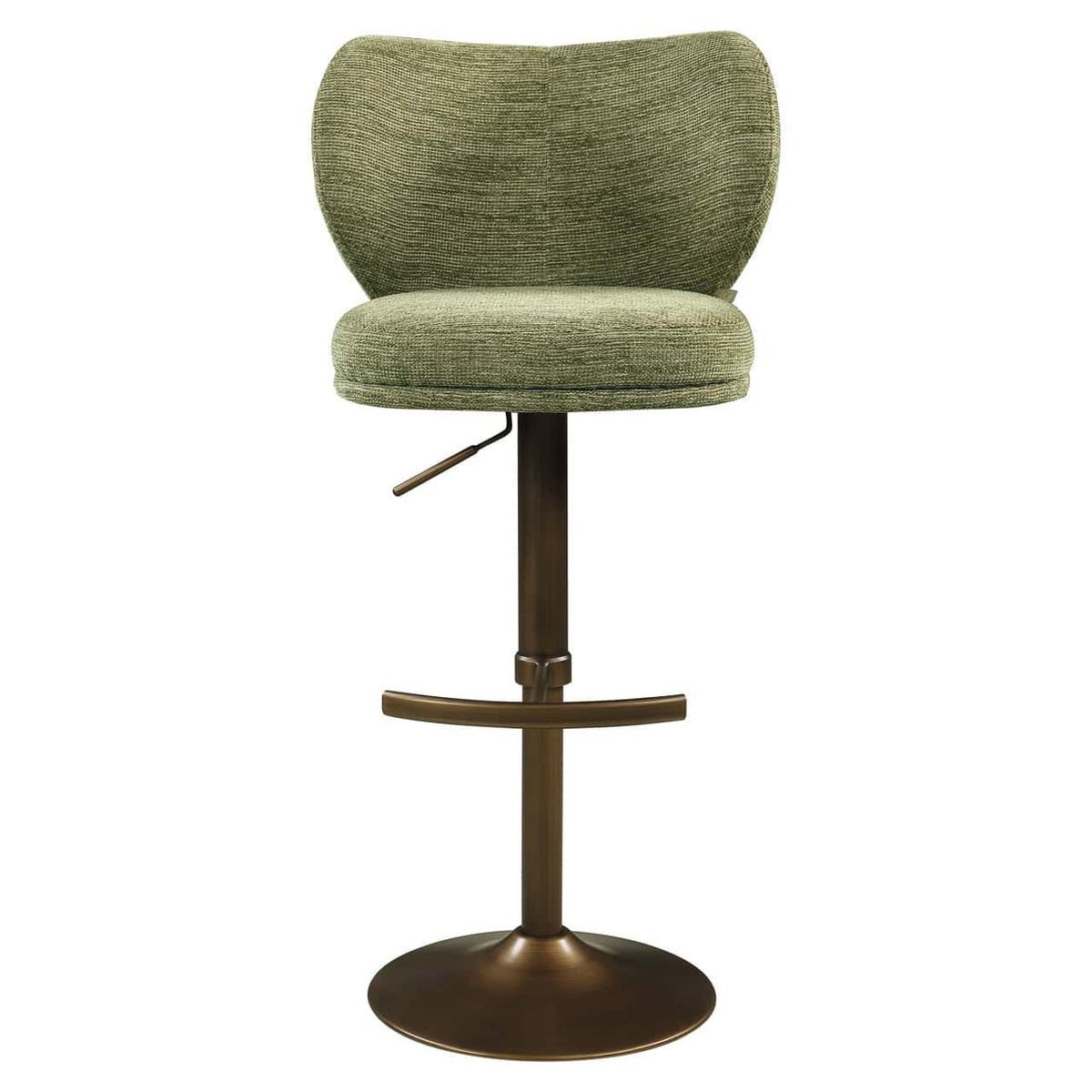 Moderne pistache groene barstoel met draaibaar zitvlak en voetsteun.