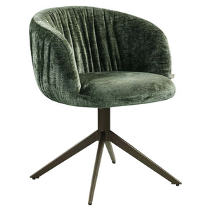 Groene velvet eetkamerstoel met draaibaar onderstel.